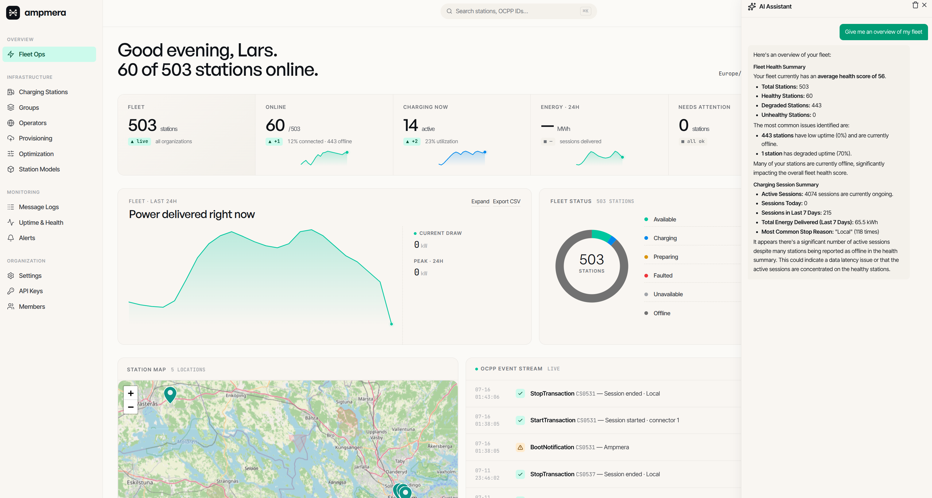 Ampmera Fleet Ops-instrumentpanel med realtidsleverans, flottastatus och AI-assistent